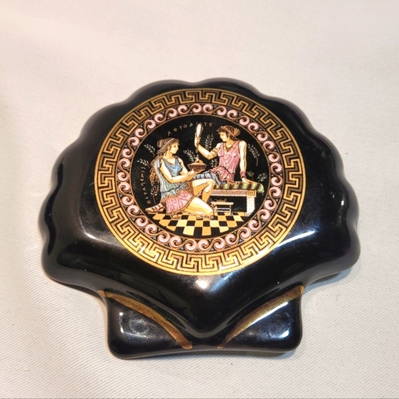 Vintage ADIS Black Porcelain GREEK GODDESS 24k Gold Accent jewelry trinket dish - Picture 2 of 10